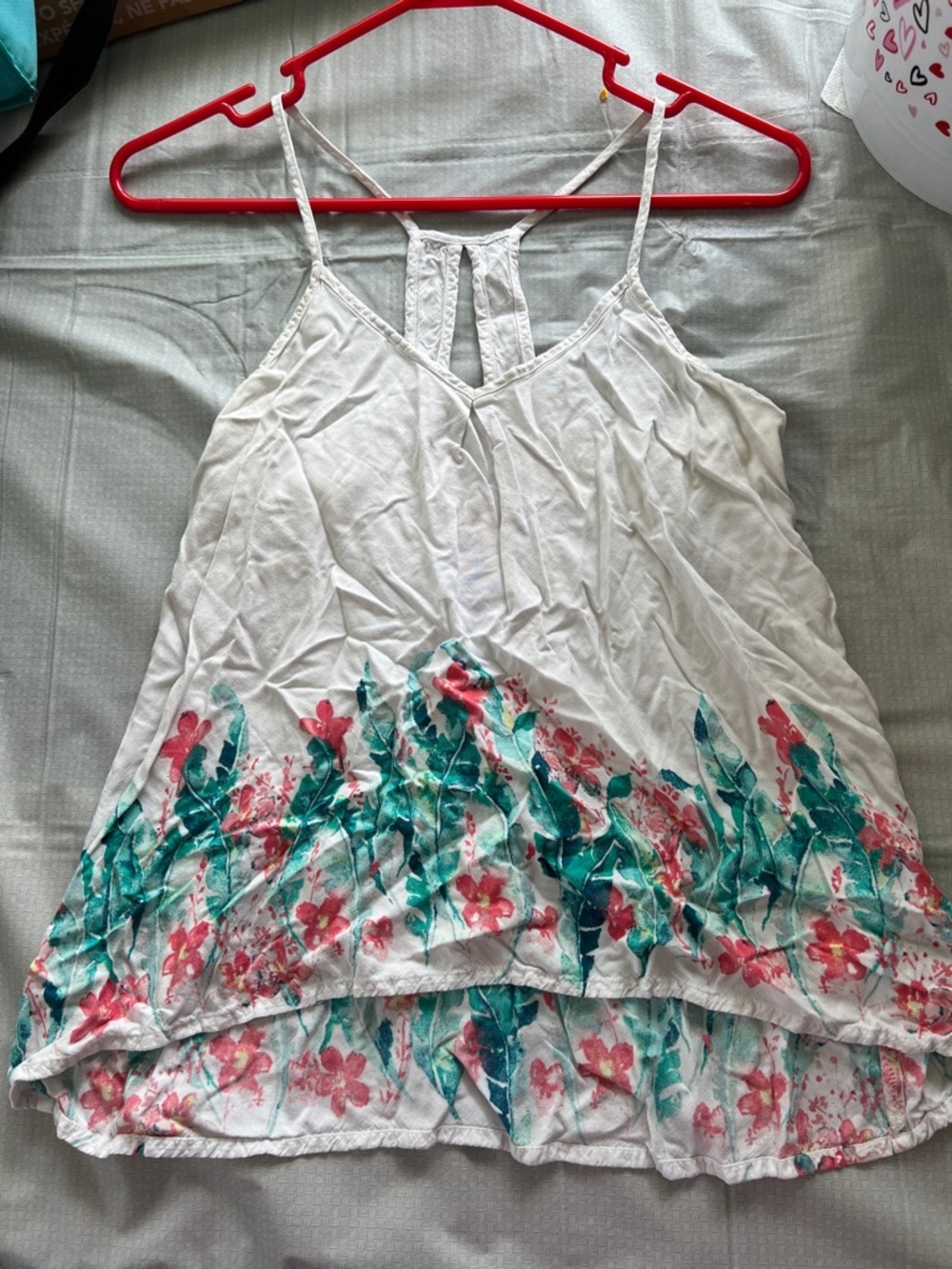 SO White Floral Tiered Spaghetti-Strap Camisole with Teal and Coral Accents